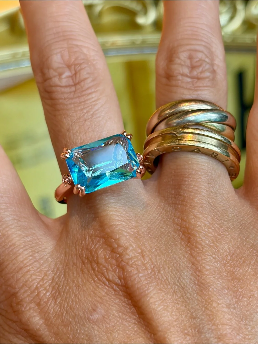 New Radiant Cut Simulated Aquamarine Rose Color Cocktail Statement Ring size 7